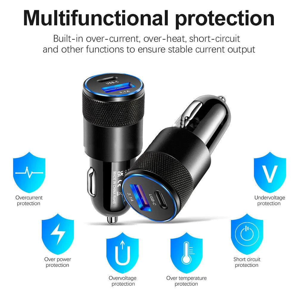 Aluminium alloy mobile phone car charger 12V input 2.5x6cm ABS plastic in Black Silver finish