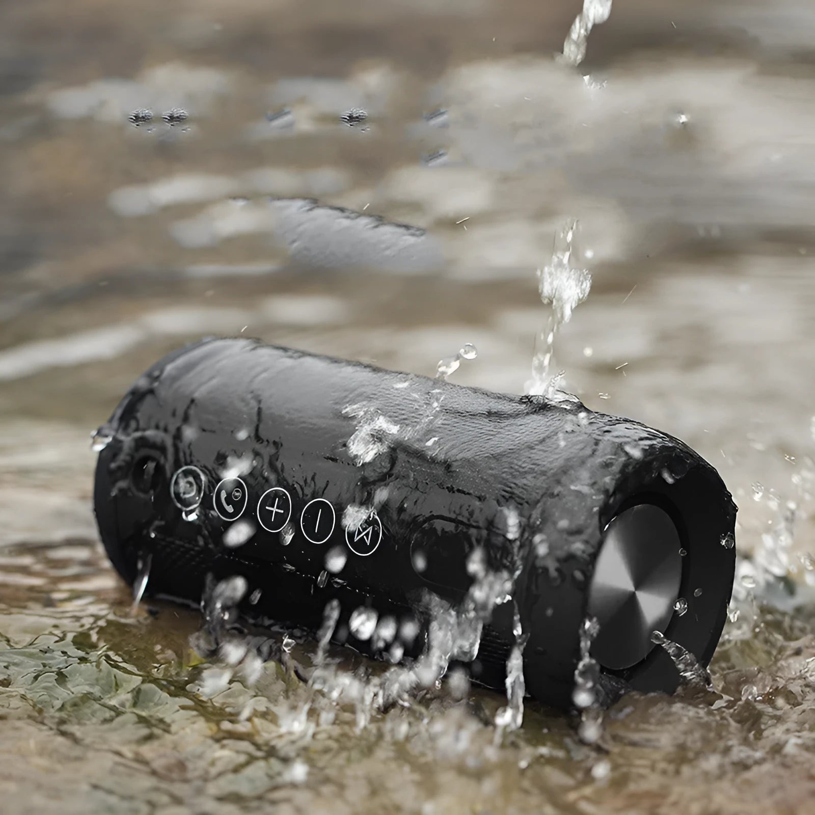 Outdoor waterproof portable Bluetooth speaker in black, camouflage, grey, or red colours with 20m range