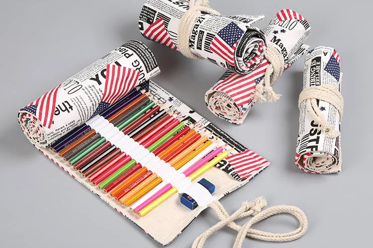 Canvas pencil wrap roll up case with elastic bands holding coloured pencils, available in multiple slot sizes