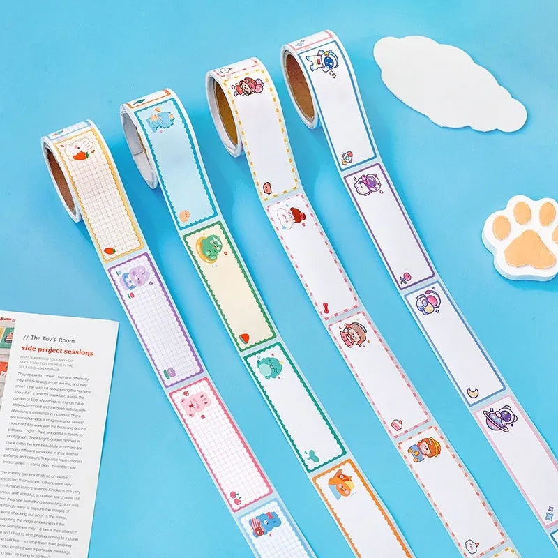 Roll of cartoon message index stickers showing dinosaur, astronaut, rabbit, and girl designs for student organisation