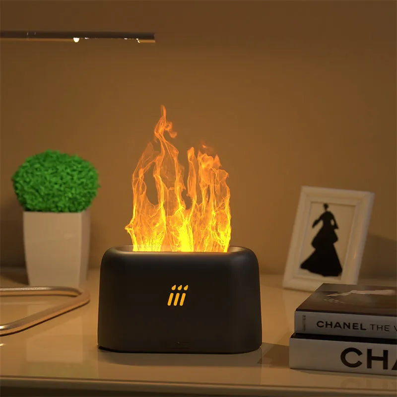 Flame aroma diffuser humidifier ultrasonic cool mist LED lamp round 133x133x107mm USB black