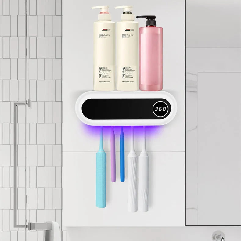 Ivory White wall mounted toothbrush holder with UV sterilizer, toothpaste dispenser squeezer, and backlit digital display