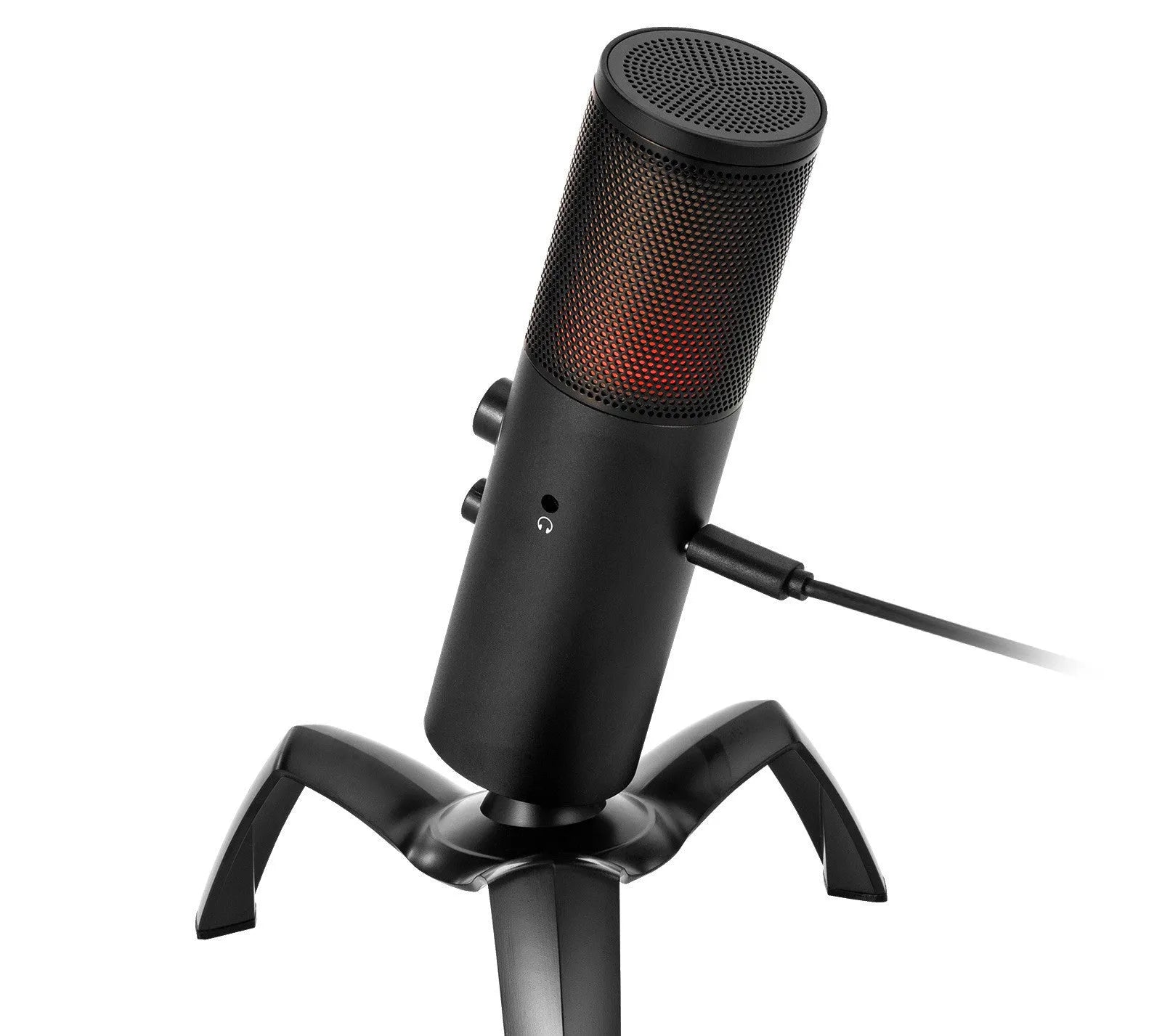 Black Q18 USB condenser microphone with RGB lights on an adjustable metal tripod stand.