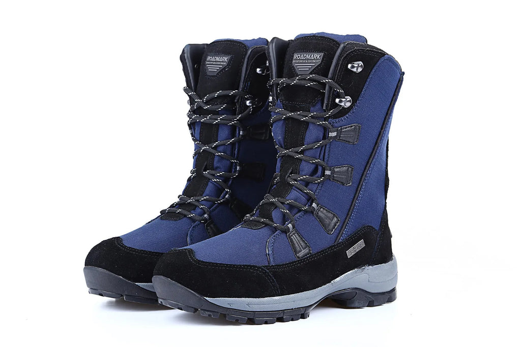 Women's black waterproof thermal snow boots with a genuine leather upper and mid-calf height