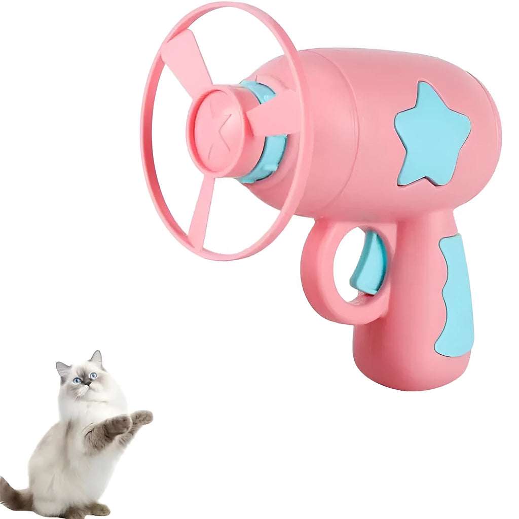 Blue interactive cat toy gun with plastic frisbee on launcher head