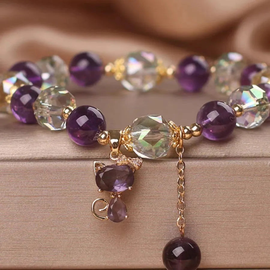 Natural amethyst fox pendant bracelet with antique-style crystal beads and geometric design