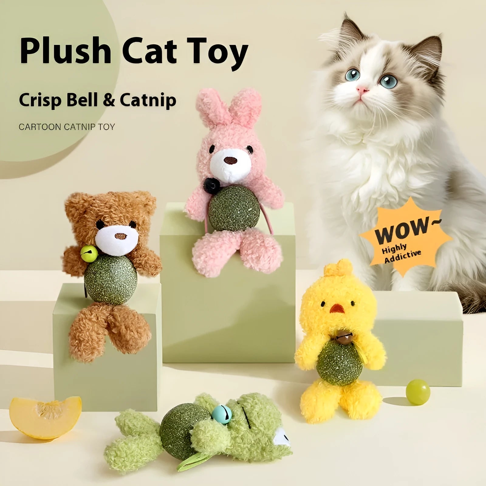 Plush catnip ball toy with bell for kittens in brown bear design