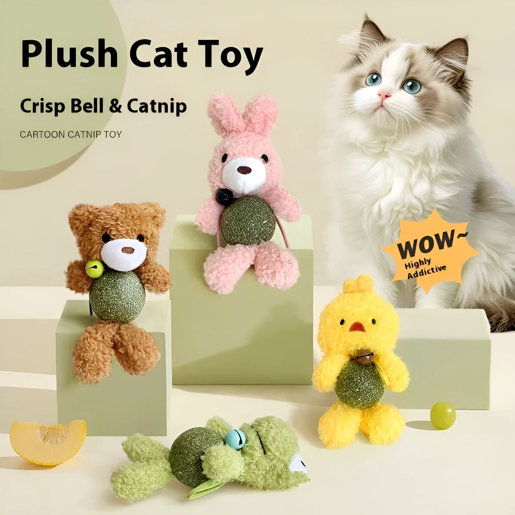 Plush catnip ball toy in brown bear green frog pink rabbit or piyopiyo style with bell for kittens