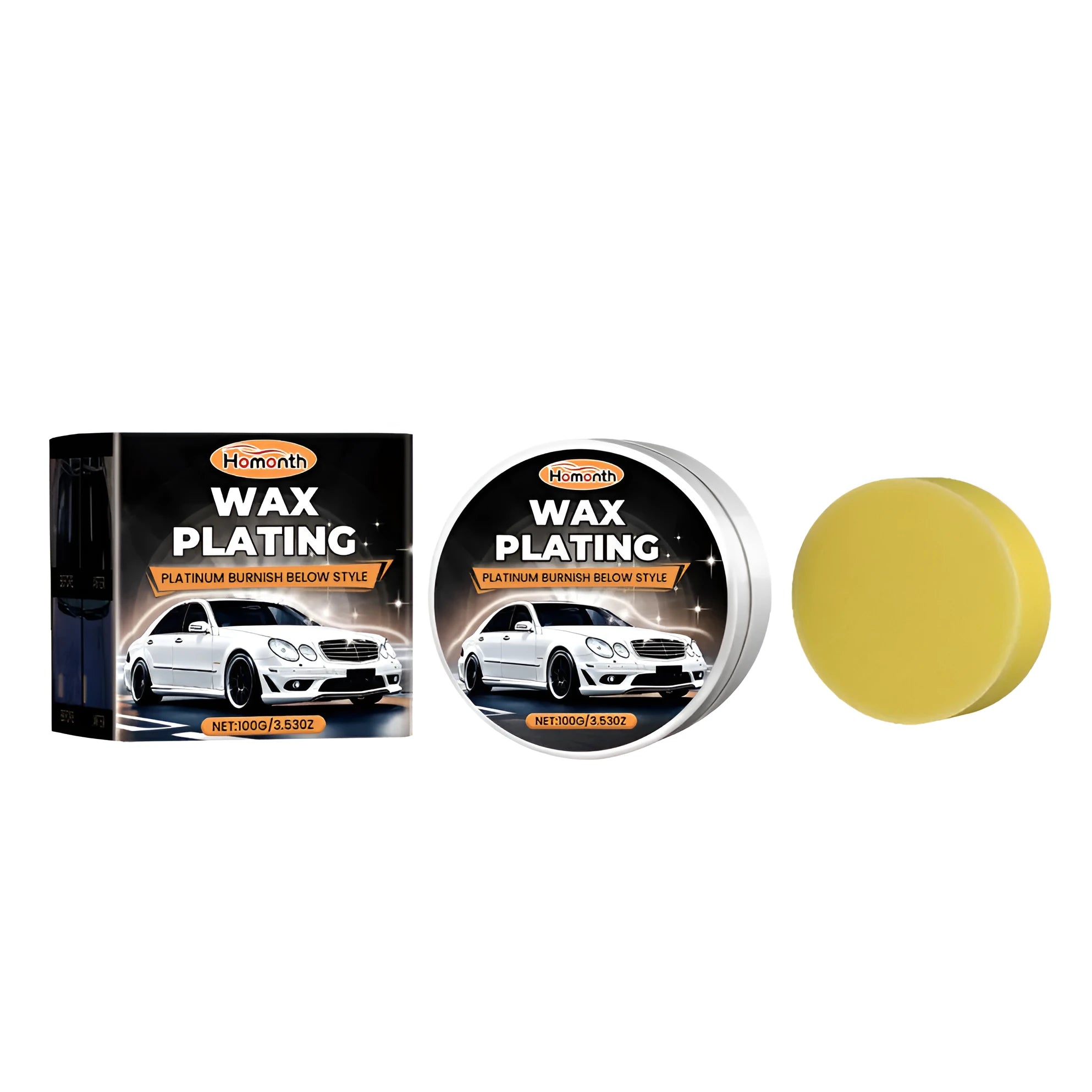 Black car brightener wax in tub with sponge applicator for scratch repair anti-fouling protection
