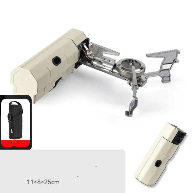Green folding camping gas stove with burner, serrated bracket, and anti-slip feet on a tabletop