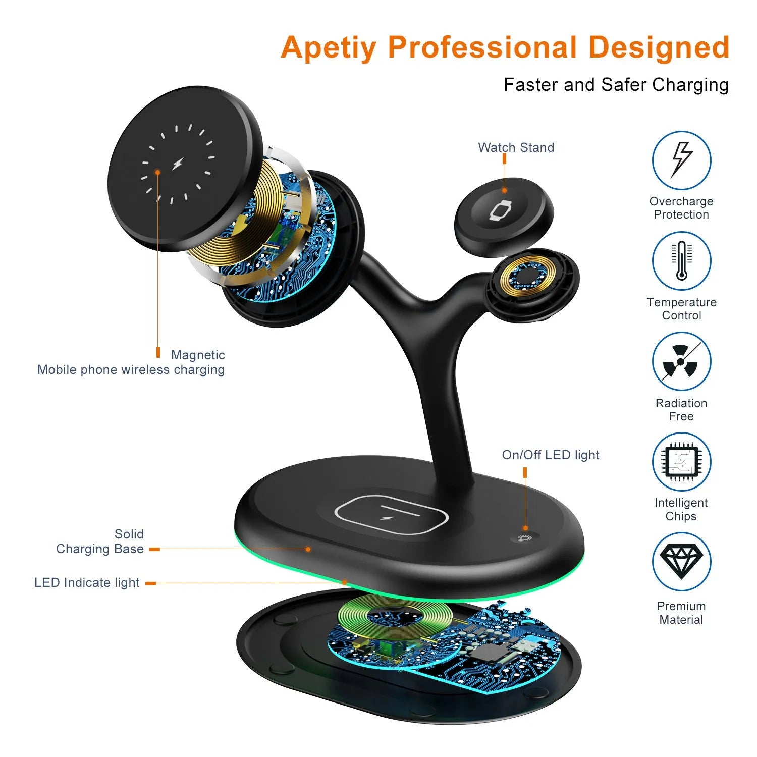 Black three-in-one magnetic wireless charger on a surface.