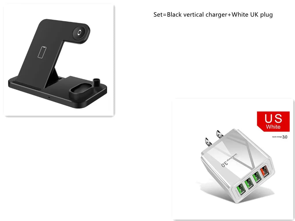 Black 4-in-1 wireless charging station for iPhone, Apple Watch, AirPods and Apple Pencil on a desk