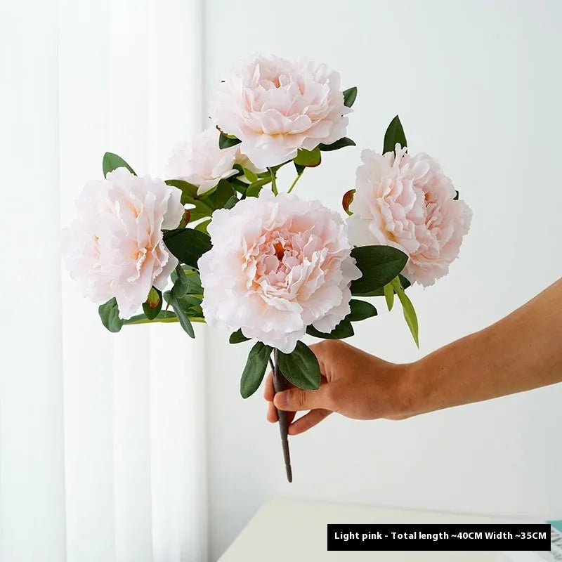 Artificial 5-head peony silk bouquet 40cm in light champagne colour for wedding decor