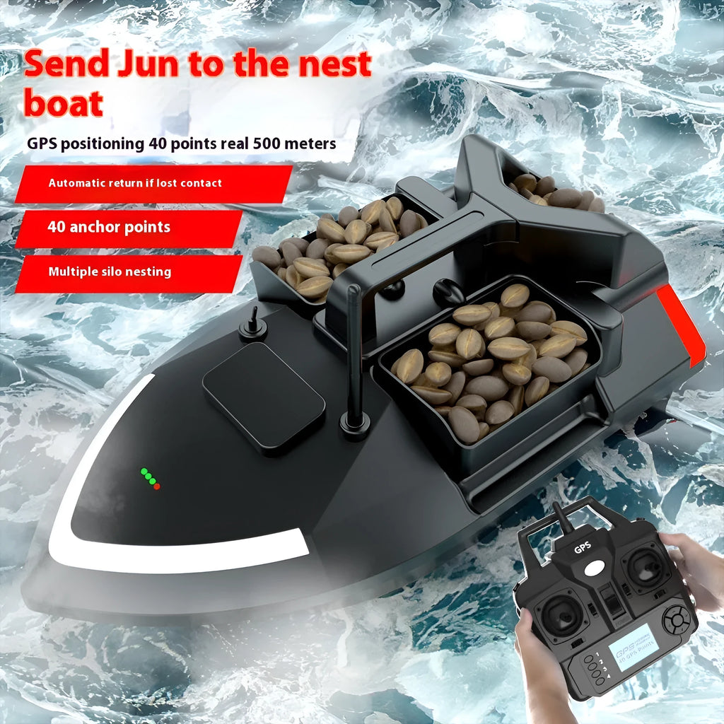 V020 model remote control fishing boat with GPS antenna showing 49cm length and black or luminous yellow colour options