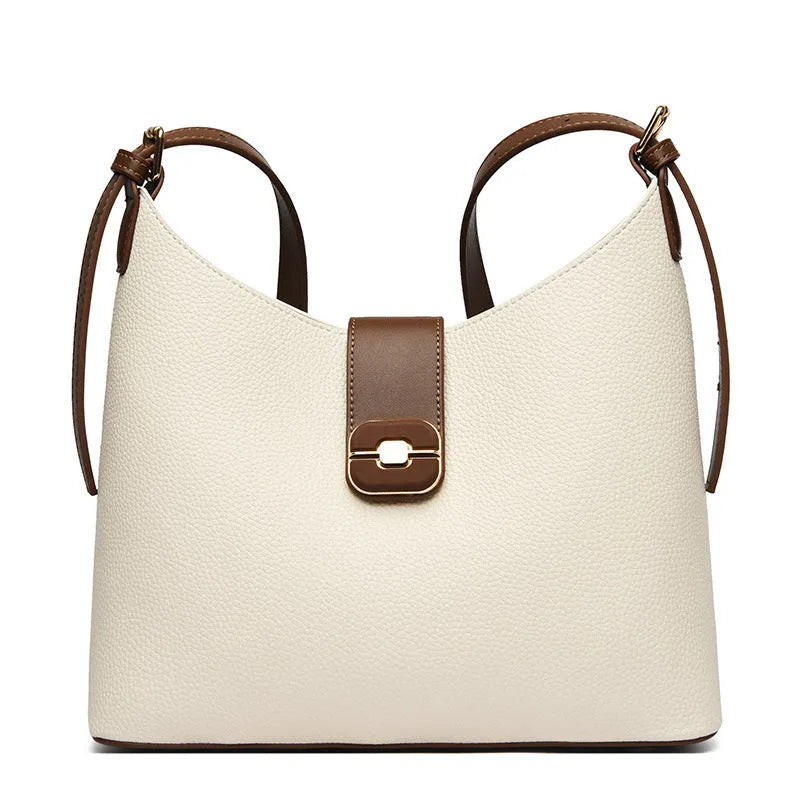 All-matching Simple Large-capacity Bucket Bag in PU material, available in four colours: black, gray, biscuit, milky white