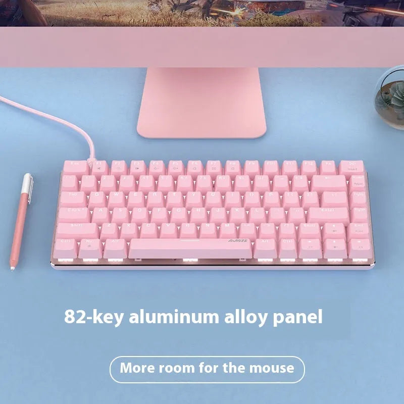 Pink and white 82 key mechanical keyboard with white backlight on a desk