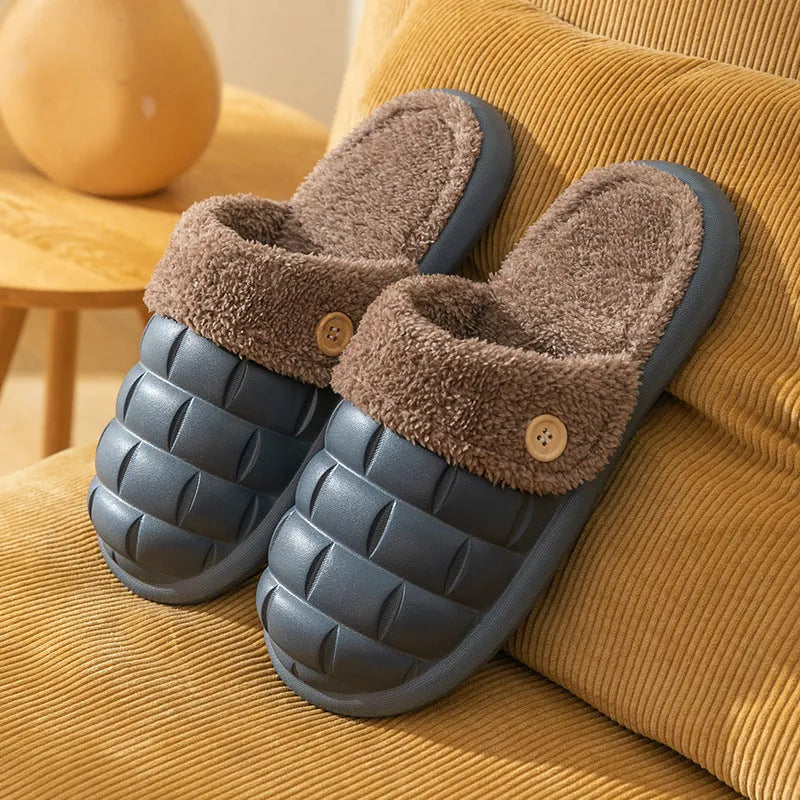 Plaid detachable EVA slippers for women with a plush lining and nonslip sole in pink, green, yellow, or white.