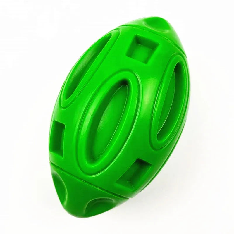 Blue, green, and orange rubber squeaky dog toy ball with grooved surface for aggressive chewers.