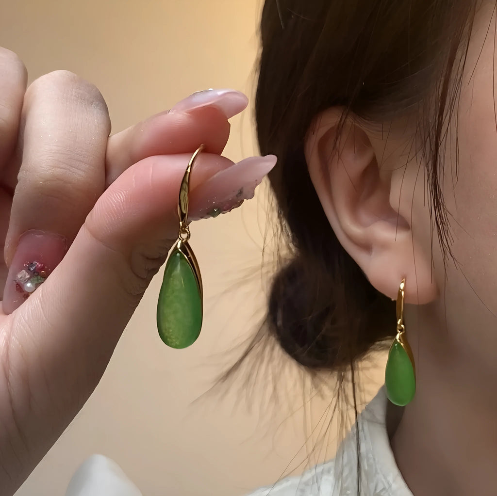 Retro Chinese style geometric water droplet earrings in electroplated jade colour CP798.