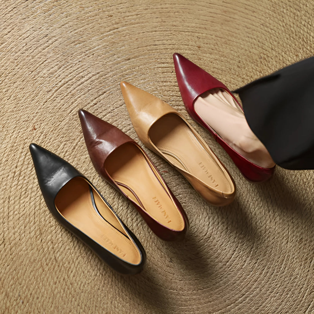 Pointed toe shallow mouth work shoes in brown with waxed pigskin leather upper and mid heel