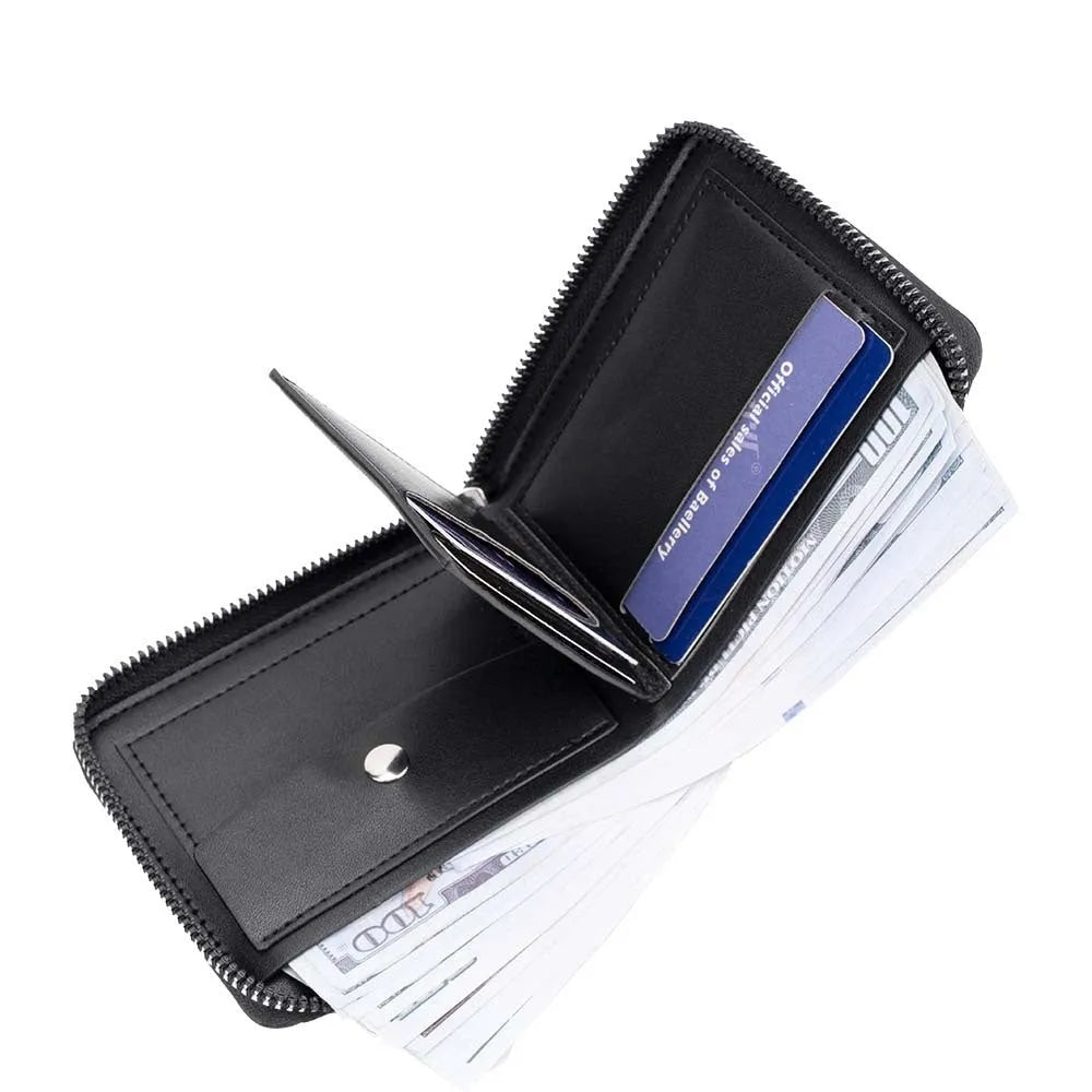 Leather anti-theft credit card zipper wallet in black embossed PU with full zip closure