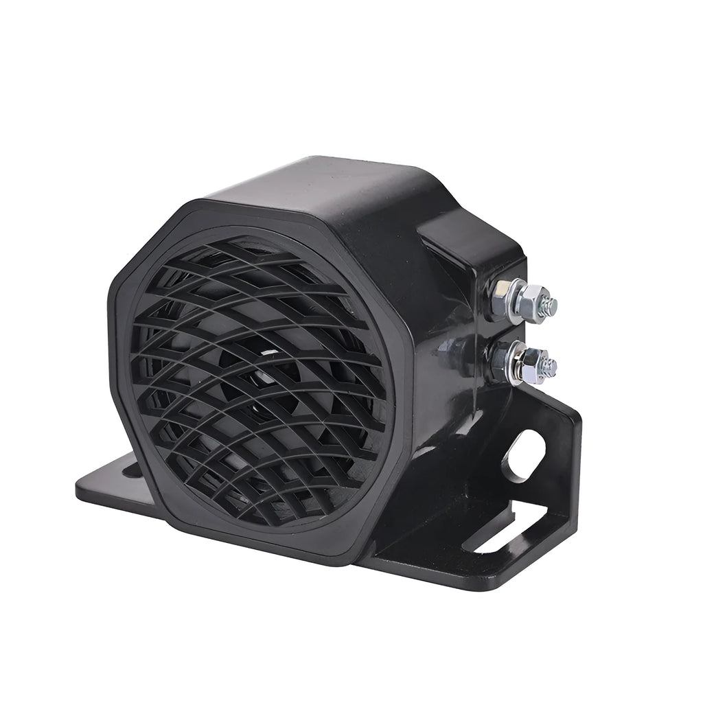 Black GQ-208A universal reversing horn for 12-80V vehicle systems.