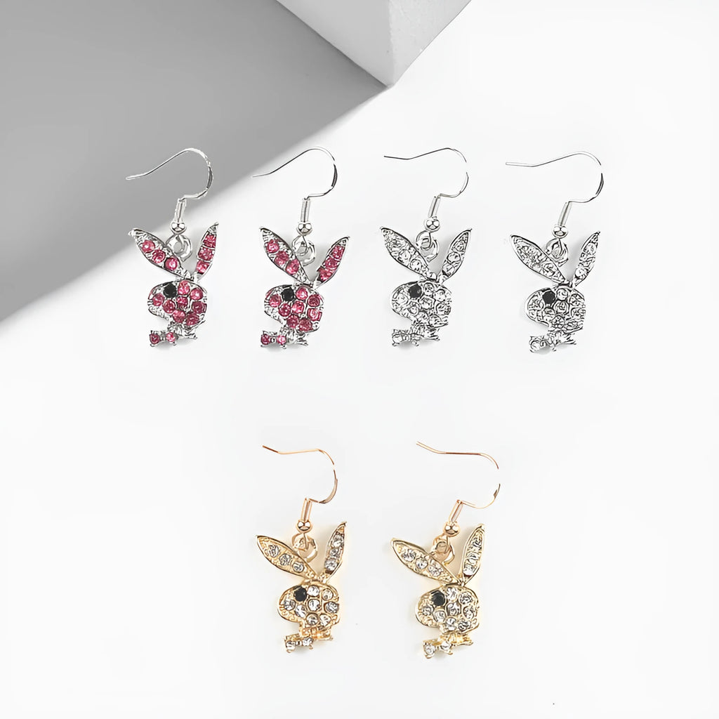 Rabbit stud earrings with full diamond design in silver, pink and gold colour options