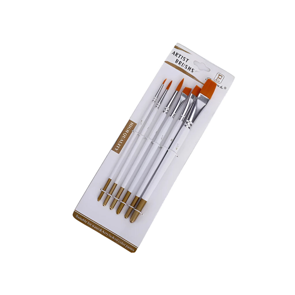 Set of 6 watercolor acrylic brushes with wood handles, aluminium ferrules, and nylon wool bristles in various sizes