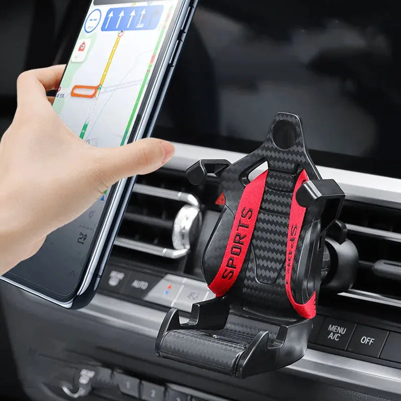 Racing seat shape car phone holder mounted on air vent with gold tape design