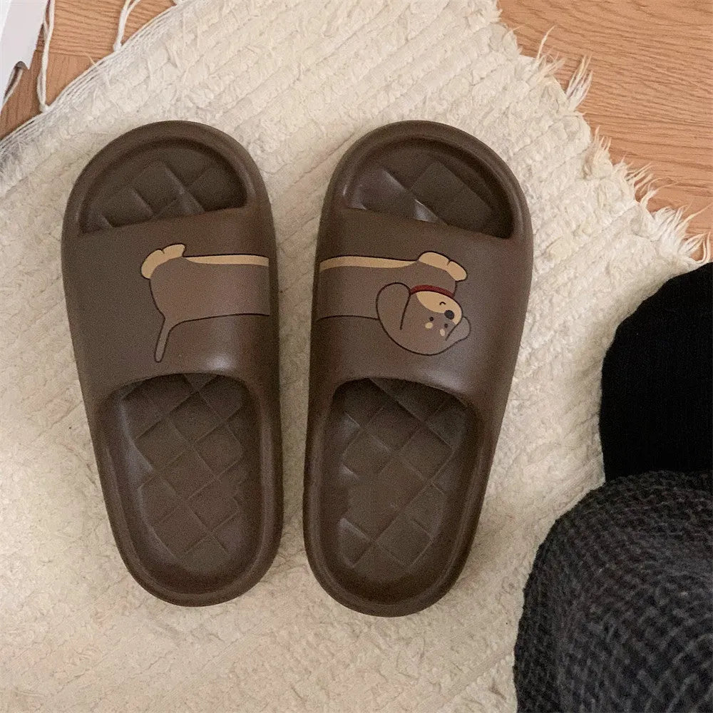 Couple household slippers in black brown with printed stitching dog motif, thickened EVA sole