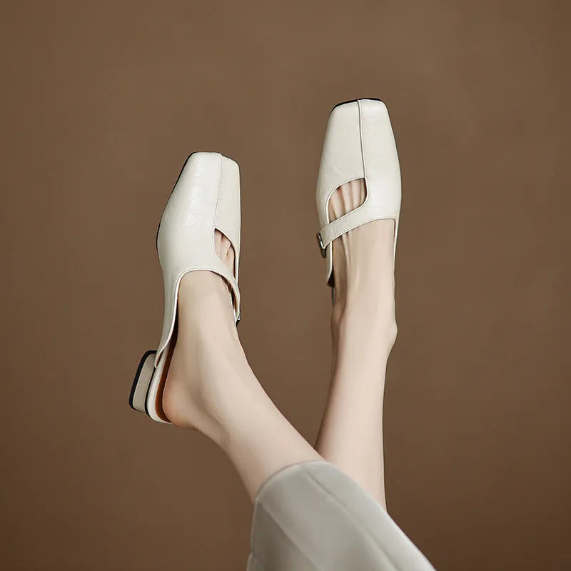British-style square toe outdoor slippers with low heel and rubber sole