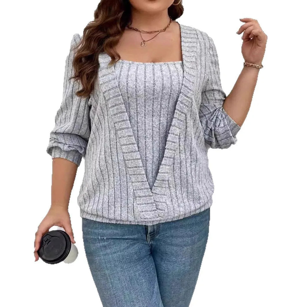 Women's solid colour V-neck long sleeve false two-piece suit top in rib fabric.