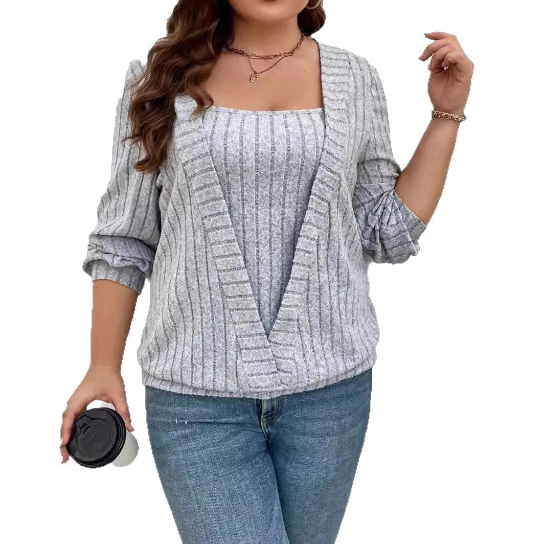 Women's solid colour V-neck long sleeve false two-piece suit top in rib fabric.