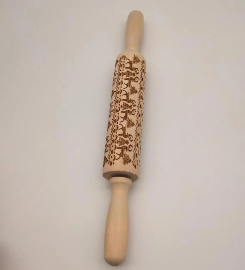 Wooden Christmas embossing rolling pin with snowflake pattern, 45cm length, natural wood finish