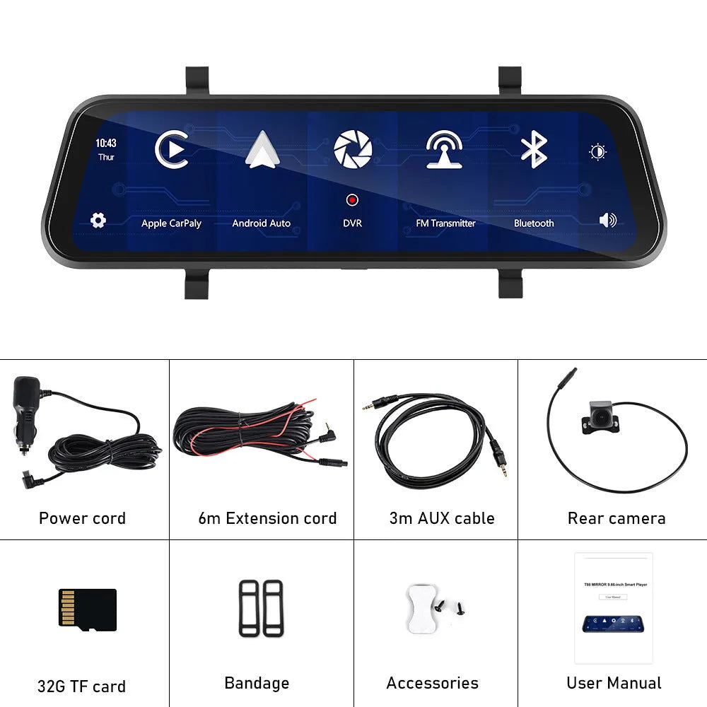 9.66-inch HD wired dashcam driving recorder with night vision, 160° wide angle, IP68 waterproof, and 64GB memory card