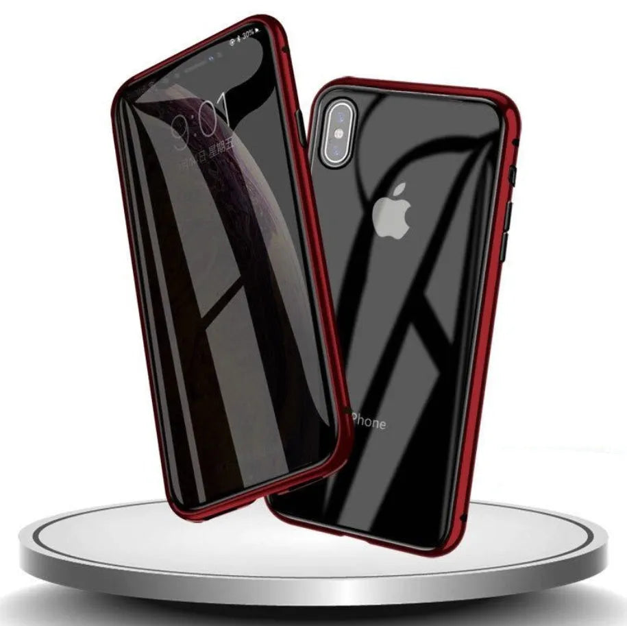 Glass anti-spy clamshell phone case in six colours for various iPhone models.