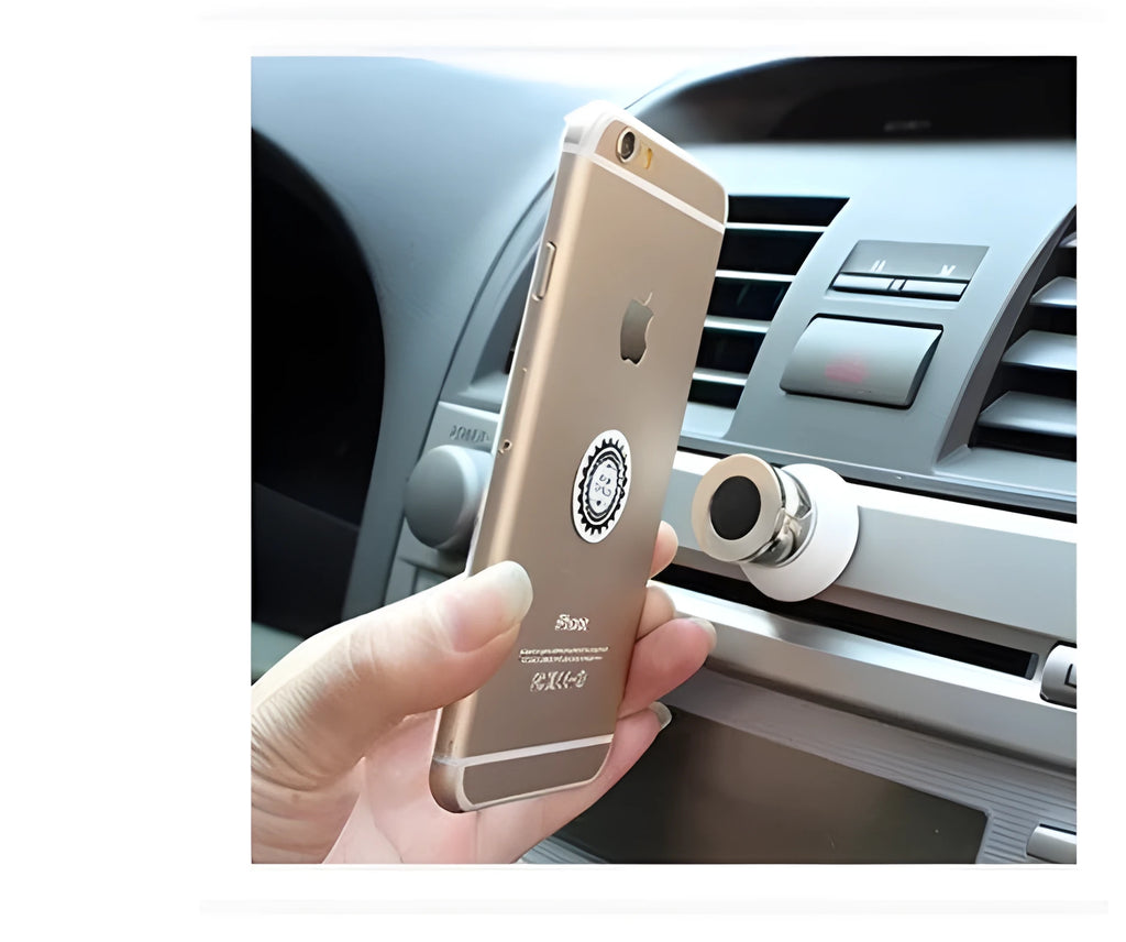 Magnetic car phone mount with paste base in black holding a Samsung phone on dashboard