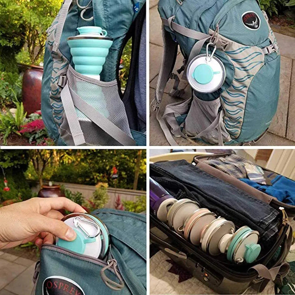 500ml collapsible silicone water bottle in light green, folded and unfolded, with connective rope