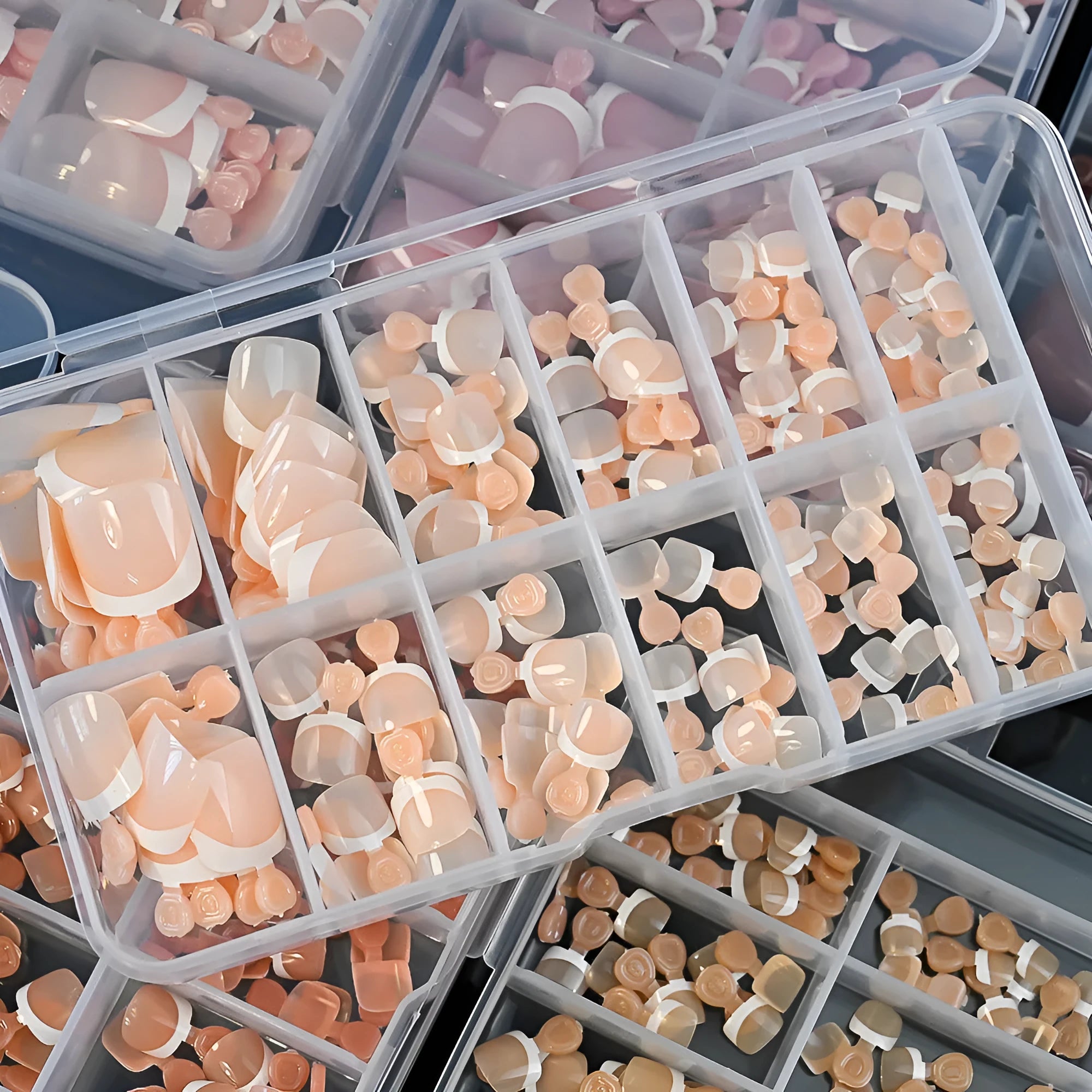 120 piece French white edge false toe nails in nude colours, full square short shape.
