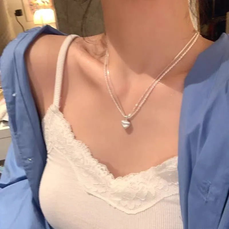 Double-layer brushed heart pendant necklace for women, white copper plated thick silver chain adjustable 41-50cm