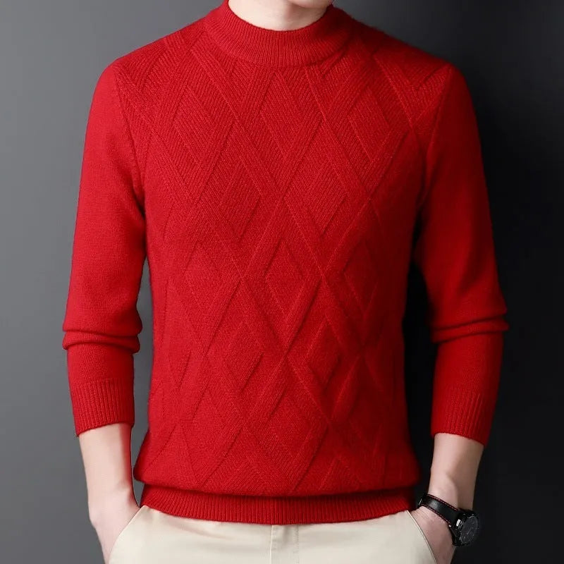 Men's thick wool blend diamond jacquard sweater in light camel colour showing texture detail