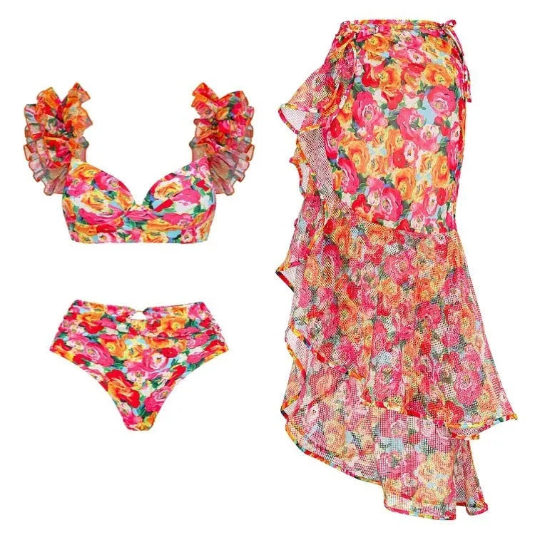 Women's push up bikini high waist split swimsuit with floral pattern in quick-dry nylon and polyester, sizes S-XL