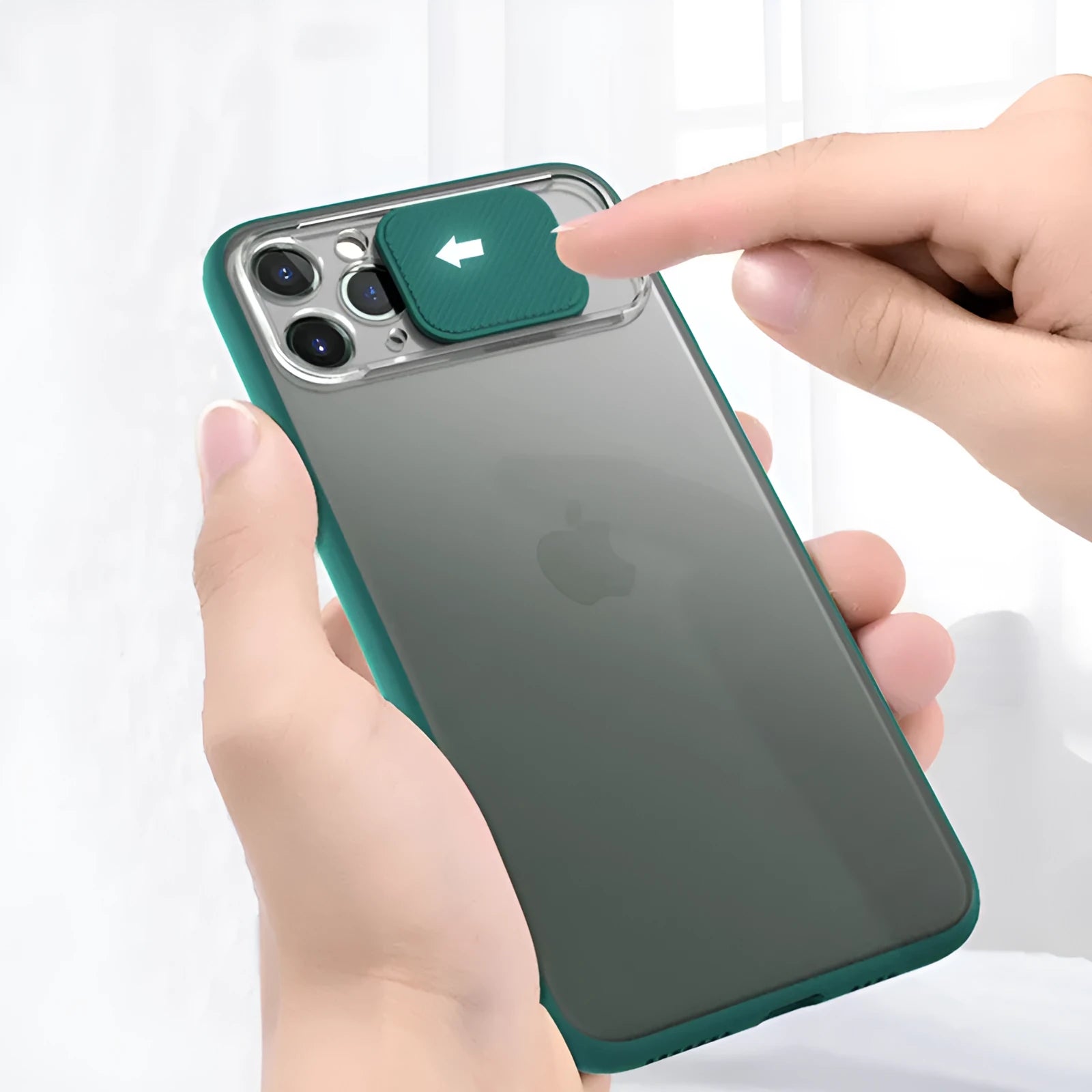 Sliding lens protective phone case for iPhone showing back cover with camera shutter open and closed.