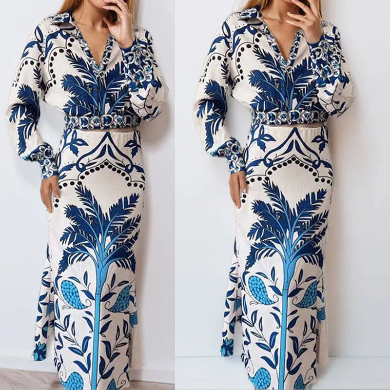 Women's casual two-piece co-ord set with long sleeves and long skirt in polyester fabric