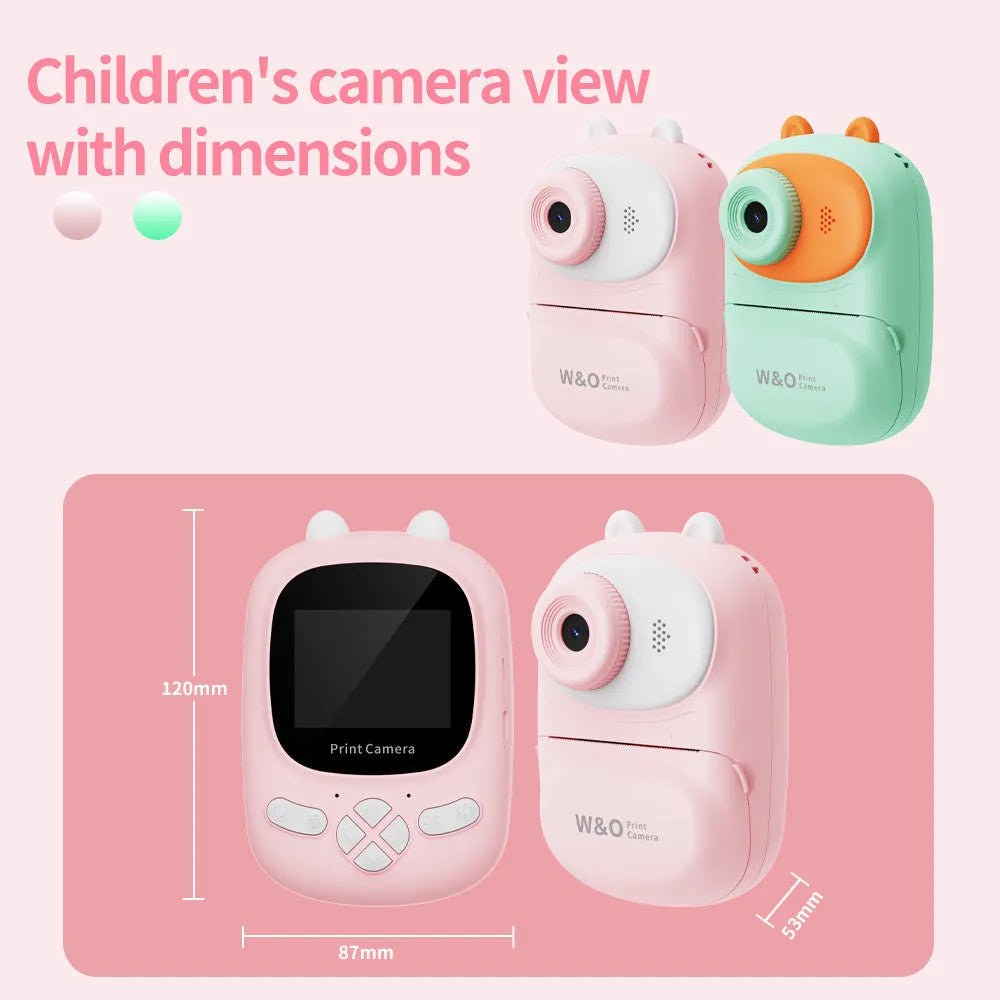 Q2 children's polaroid portable HD video digital camera in green with lanyard and stickers on white background