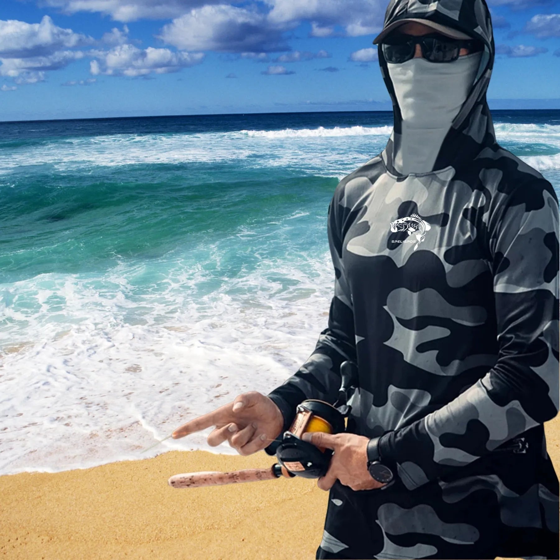 Men's grey long sleeve fishing shirt with mesh side panels and an integrated neck gaiter for sun protection.