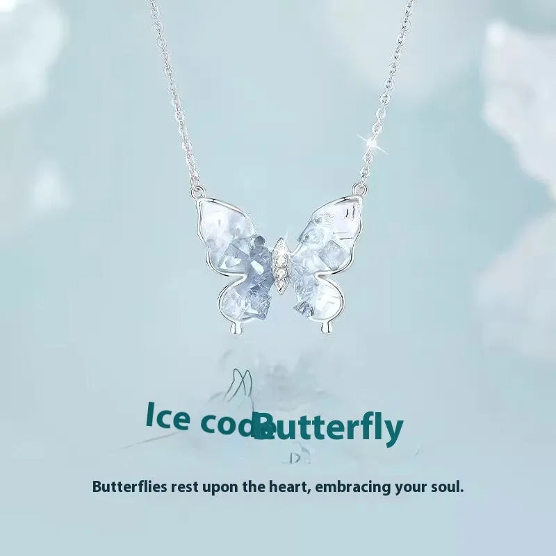925 silver butterfly pendant necklace with ice rain detailing on 41-50cm O-ring chain