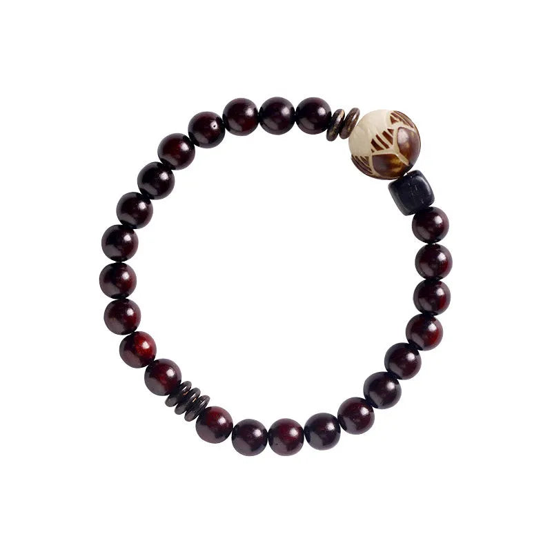 Natural rosewood double-ring bracelet with hand-knitted construction and flower-shaped beads