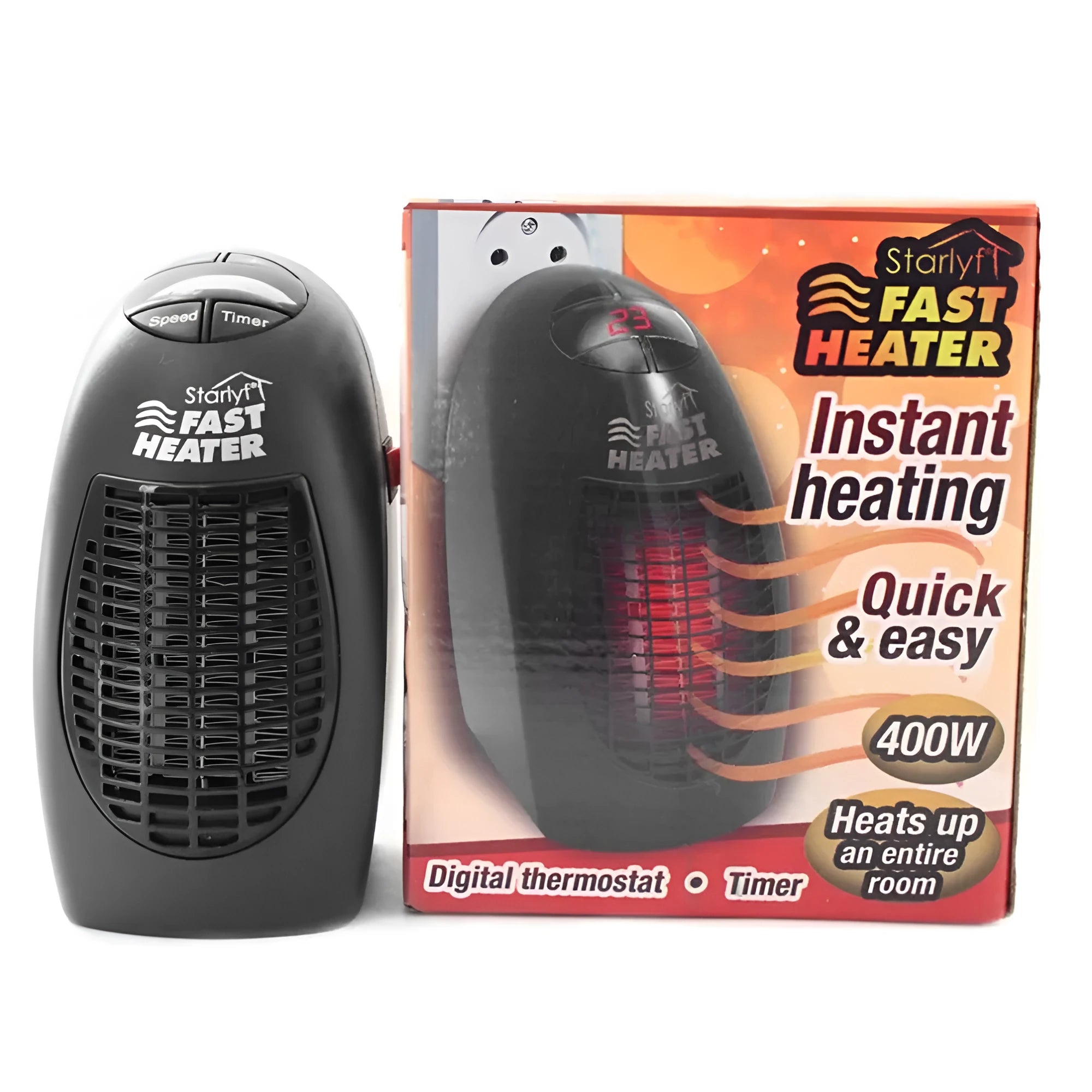 Black portable electric ceramic heater with digital display and rotating plug on a table