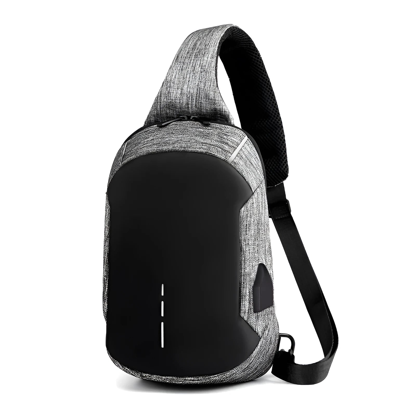 Small dark blue waterproof oxford cloth chest bag showing front zipper closure and strap